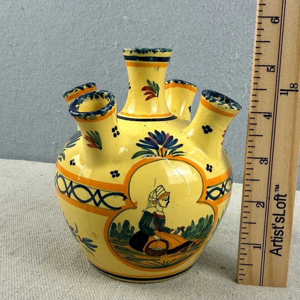 Vintage HenRiot Quimper France 5-Finger Tulip Vase Yellow Floral Quintal